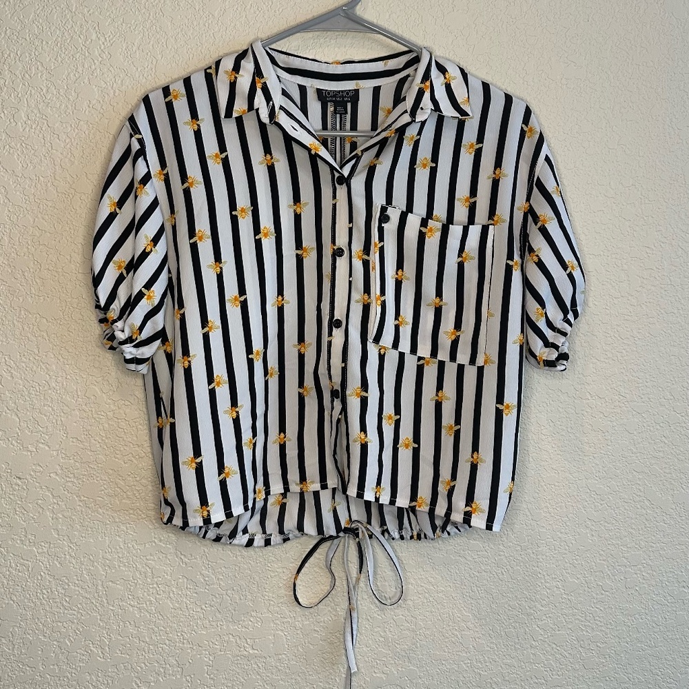 Black and white striped, button-down shirt with bees